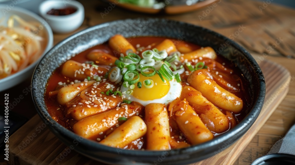 Korean spicy rice cakes with boiled eggs in a black bowl. Traditional Korean dish Tteokbokki Korean spicy rice cakes with boiled eggs in a black bowl. Traditional Korean dish Tteokbokki