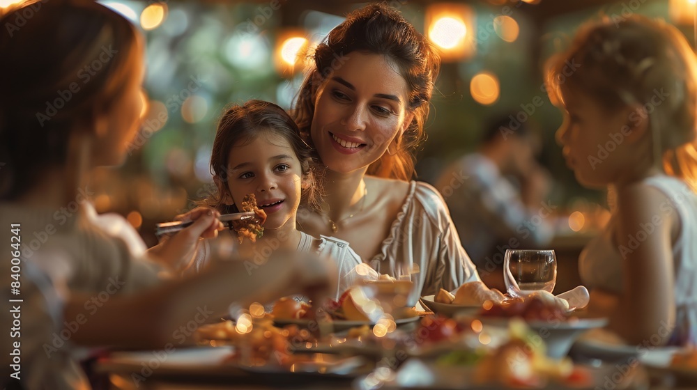 Middle aged mother eating at a nice fancy restaurant with their family of four. The background is clean. Generative AI. Middle aged mother eating at a nice fancy restaurant with their family of four. The background is clean. Generative AI.