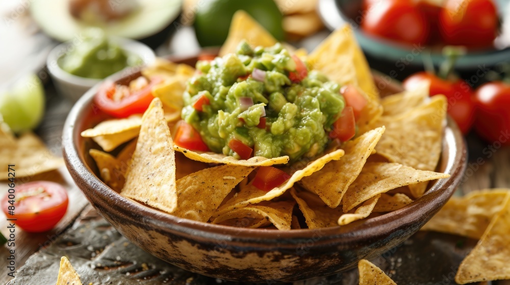 Nachos with Guacamole and Salsa in a Rustic Bowl. Close-up food photography. Nachos with Guacamole and Salsa in a Rustic Bowl. Close-up food photography.