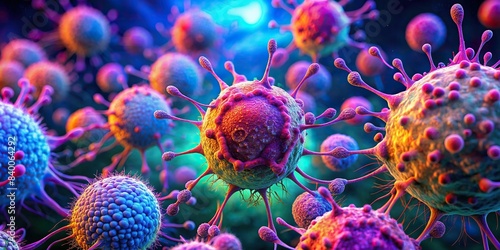 Detailed neonlit micrograph of cancer cells for medical education, neon, micrograph, cancer cells, medical, educational, setting, technology, microscope, biology, research, healthcare, disease photo