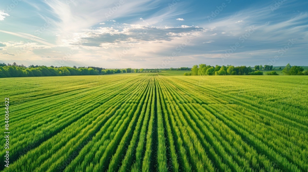 Aerial View of Lush Green Agricultural Field During Spring Harvest Season with Dramatic Cloudy Sky Aerial View of Lush Green Agricultural Field During Spring Harvest Season with Dramatic Cloudy Sky