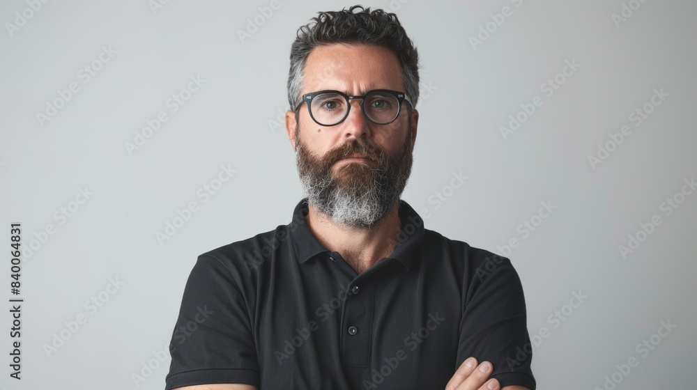 Fototapeta premium Studio of a bearded man wearing a black polo shirt, standing on a white background with short hair and glasses. Generational AI.