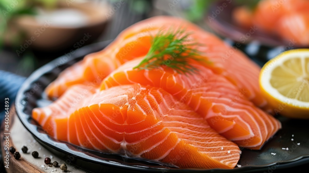 Fresh salmon sashimi on rustic plate. Close-up of sliced fresh salmon sashimi on a ceramic plate. Fresh salmon sashimi on rustic plate. Close-up of sliced fresh salmon sashimi on a ceramic plate.