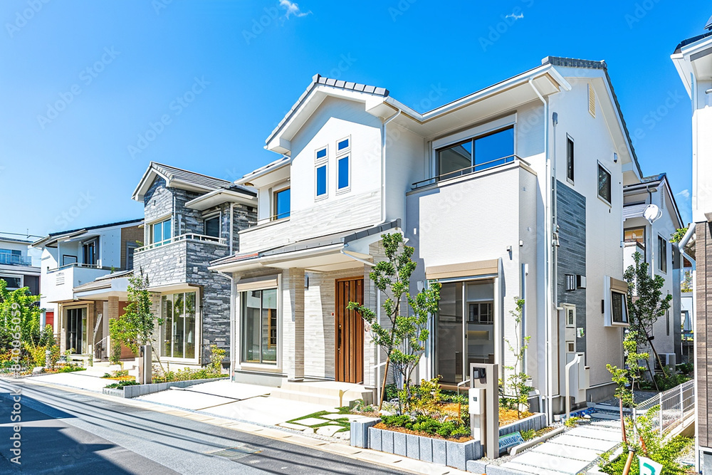 Fototapeta premium A newly built single family house in Japan, in a modern style with white walls and light gray wood accents, blue sky background, front view, a small garden on the side of each building, the photo take