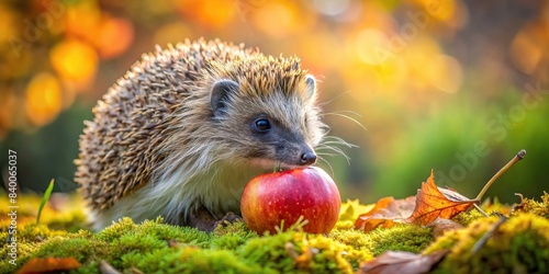Wild hedgehog holding apple in autumn forest, wild, hedgehog, apple, autumn, forest, cute, animal, nature, wildlife, spiky, leaves, fall, seasonal, foliage, outdoors, forage, prickly photo