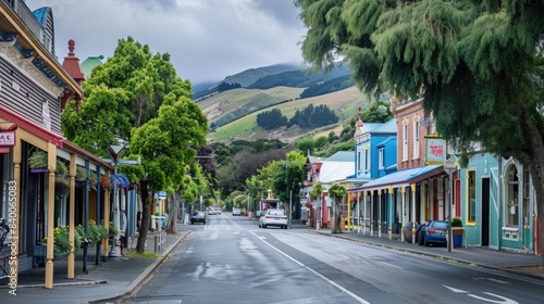 Fototapeta Naklejka Na Ścianę i Meble -  Scenic view of a charming small town street lined with colorful shops and parked cars