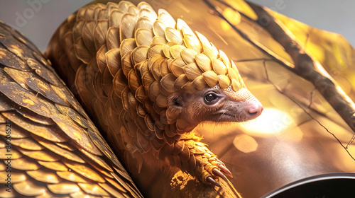 Golden pangolin featured in a magazine, showcasing its detailed scales and vibrant colors