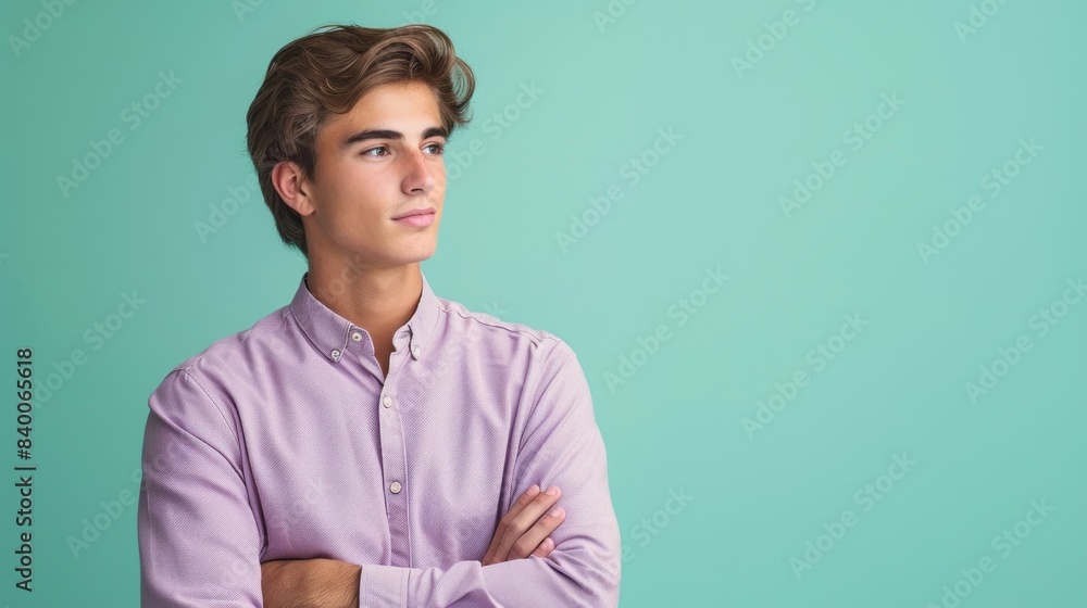 Obraz premium A man in a lavender shirt on a background of mint green