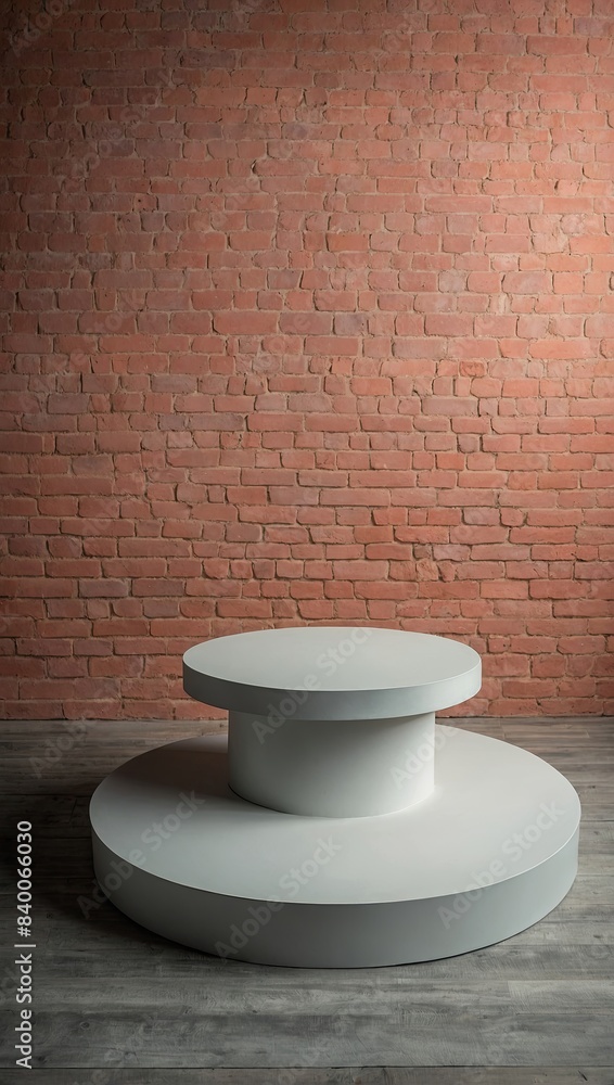 An empty geometric podium for the demonstration and installation of a product, cosmetics on brick wall solid background and a lamp with backlight, studio, minimalism An empty geometric podium for the demonstration and installation of a product, cosmetics on brick wall solid background and a lamp with backlight, studio, minimalism