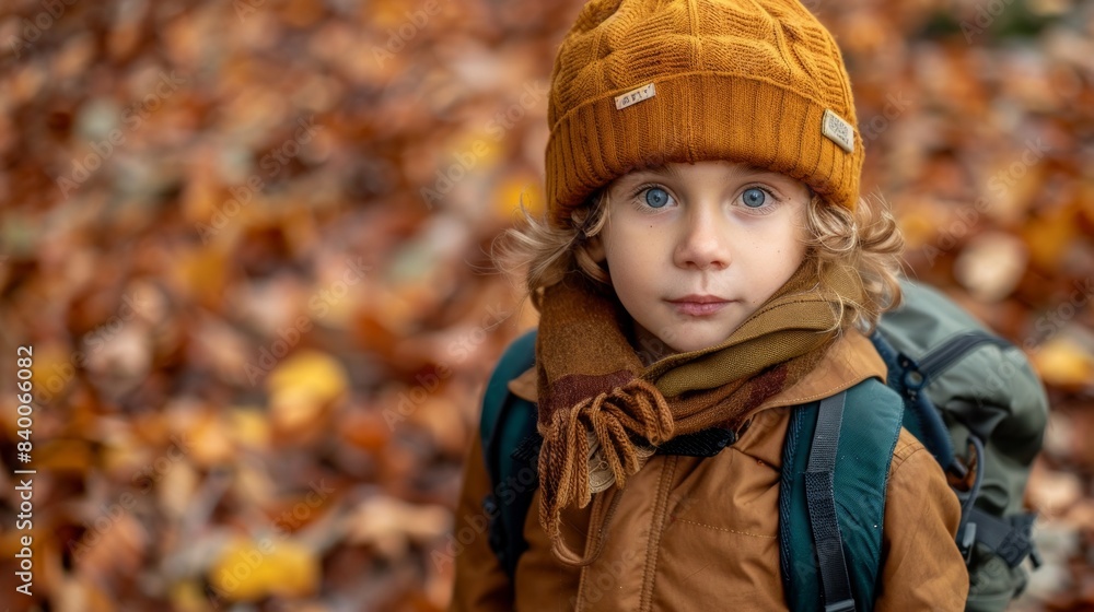 A kid with a green backpack on background of autumn leaves A kid with a green backpack on background of autumn leaves