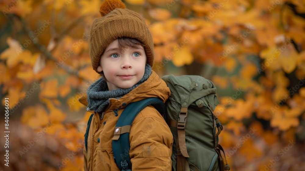 A kid with a green backpack on background of autumn leaves A kid with a green backpack on background of autumn leaves