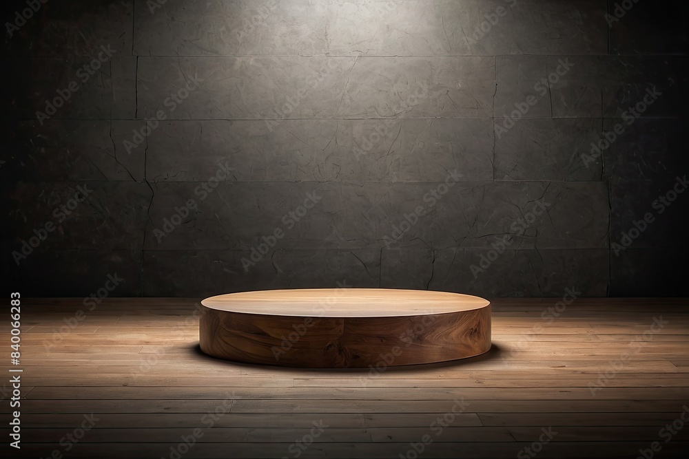 An empty geometric podium for the demonstration and installation of a product, cosmetics on concrete stone solid background and a lamp with backlight, studio, minimalism
