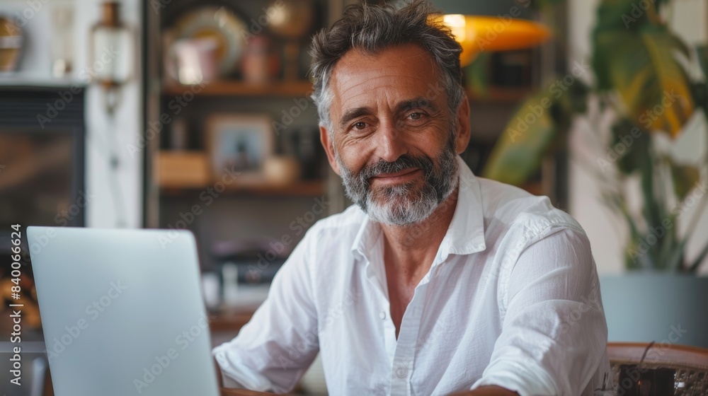 Obraz premium Work online as an entrepreneur with a laptop computer in an office. Happy middle age man, entrepreneur, small business owner.