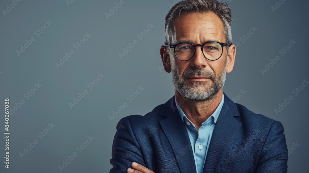 An attractive mature businessman stands alone in the studio with his arms folded against a gray background An attractive mature businessman stands alone in the studio with his arms folded against a gray background