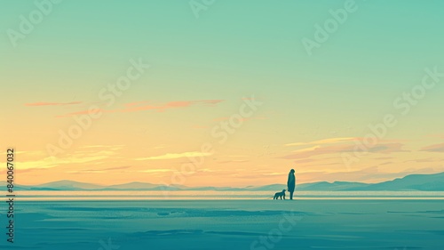 Sunset beach scene, person and dog walking, pink and blue sky, calm ocean, beautiful clouds, peaceful atmosphere, relaxing coastal walk, serene nature, tranquil beach, stunning sunset