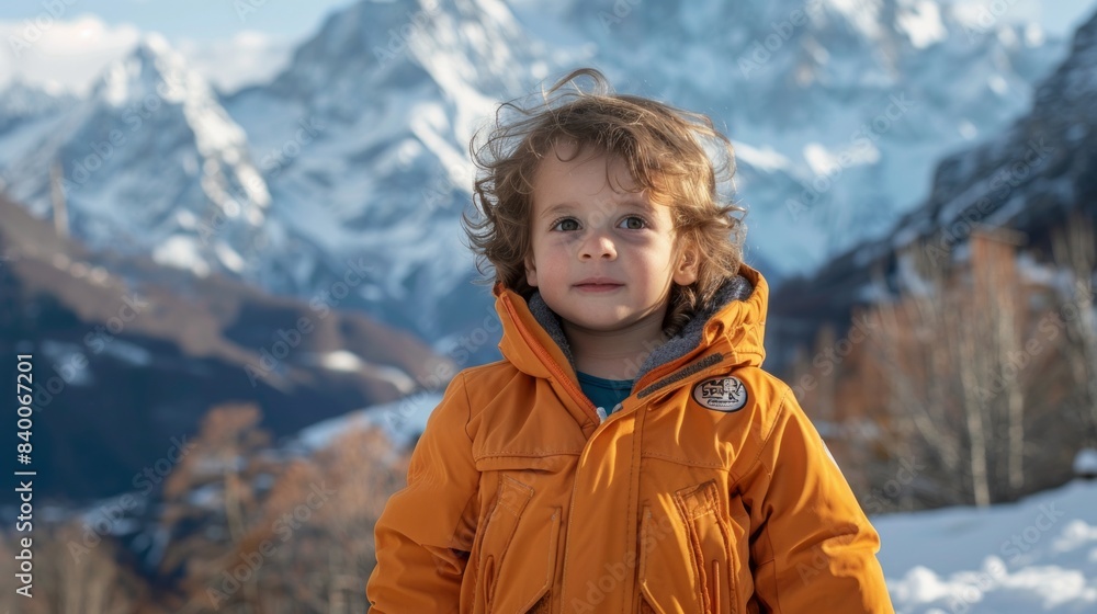 A toddler in an orange jumpsuit on backdrop of snowy mountains A toddler in an orange jumpsuit on backdrop of snowy mountains