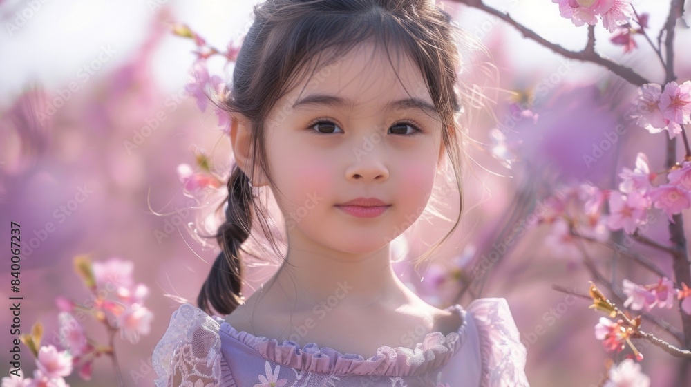 A young girl on background of cherry blossom trees A young girl on background of cherry blossom trees