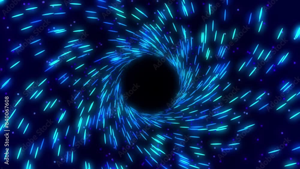 Blue spiral vortex tunnel animation, sparkling portal motion graphics