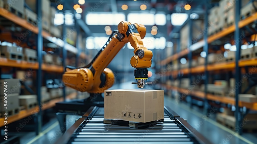 Fototapeta premium A robotic arm grabs a cardboard box on a roller conveyor rack with a warehouse background in technology and artificial intelligence.