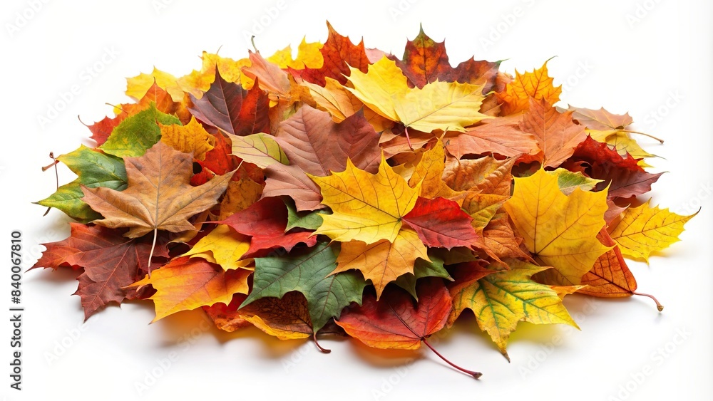 Colorful pile of autumn leaves on a white background, fall, foliage, season, vibrant, stack, nature, red, orange, yellow, green, autumnal, isolated, background, texture, diversity, beauty