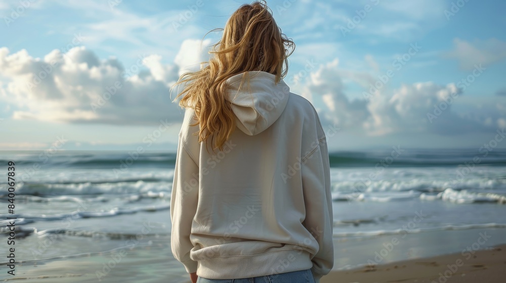 Vertical view of blond tan woman and her white thick oversized hoodie on the beach Vertical view of blond tan woman and her white thick oversized hoodie on the beach