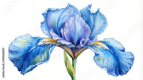 Isolated blue watercolor iris on white background, botanical, flower, bloom, nature, decoration, delicate, petals, elegant, simplicity, isolated, artistic, design, blue, watercolor, soft photo