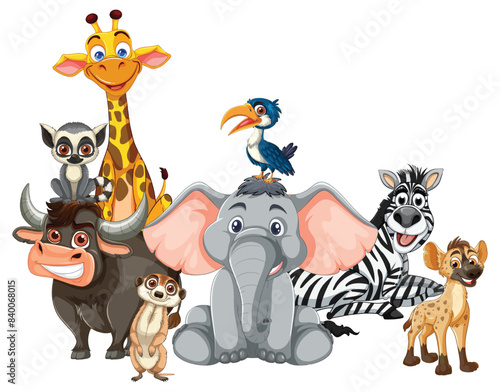 Group of cartoon African animals smiling together