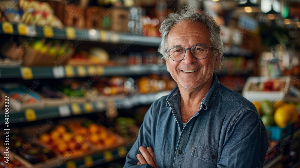 A portrait of a mature supermarket manager with a kind smile sitting inside his store, with grocery store shelves in the background A portrait of a mature supermarket manager with a kind smile sitting inside his store, with grocery store shelves in the background