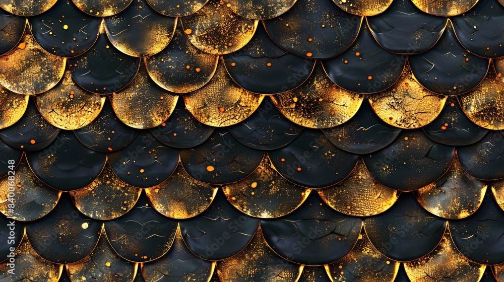 Fototapeta premium 7. Thai underwater gold-printed cloth pattern with dazzling gold seaweed and fish scales. seamless backdrop,