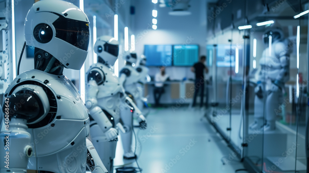 A robot is standing in front of a display of other robots. The robots are all white and have a robotic appearance. The display seems to be in a laboratory or a museum A robot is standing in front of a display of other robots. The robots are all white and have a robotic appearance. The display seems to be in a laboratory or a museum