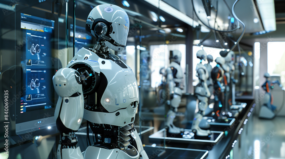 A robot is standing in front of a display of other robots. The robots are all white and have a robotic appearance. The display seems to be in a laboratory or a museum A robot is standing in front of a display of other robots. The robots are all white and have a robotic appearance. The display seems to be in a laboratory or a museum