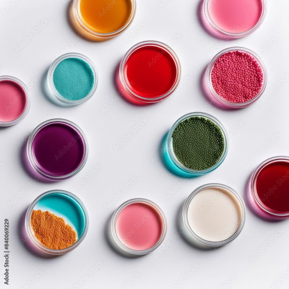 Petri dishes with liquids and textures on white background, closeup.