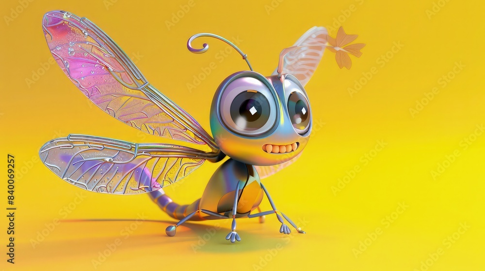 A cute 3D dragonfly cartoon character with iridescent wings and curious eyes, designed as a mascot for a water purification brand. The background is a vibrant yellow. A cute 3D dragonfly cartoon character with iridescent wings and curious eyes, designed as a mascot for a water purification brand. The background is a vibrant yellow.