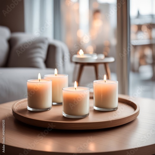Modern beige living room interior with beige sofa  wooden table with candles and candle decorations