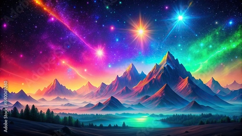Vibrant neon colored mountain landscape with twinkling stars , neon, colors, mountain, view, night, stars, sky, vibrant, landscape, scenic, breathtaking, glowing, peaceful, tranquility