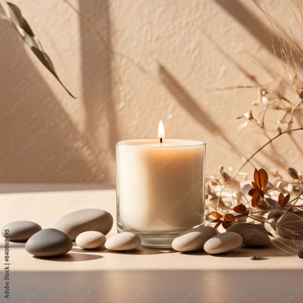 burning candle on beige background. Aesthetic composition with stones and dry flowers. Home interior, comfort, spa, relax and wellness burning candle on beige background. Aesthetic composition with stones and dry flowers. Home interior, comfort, spa, relax and wellness