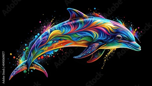 Colorful dolphin design against black background, perfect for t-shirt printing , dolphin, animal, colorful, paint, pattern, isolated, vibrant, abstract, marine, underwater, artistic