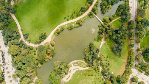 Copenhagen, Denmark. Faelledparken (Danish: F?lledparken) is a park in the center of Copenhagen, founded in 1906-1914. Summer day, Aerial View photo