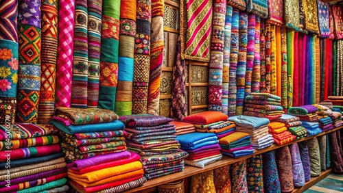 Vibrant display of colorful fabric at a market stall , textile, texture, vibrant, market, display, pattern, material, cloth, textiles, colorful, bright, assortment, diversity, marketplace © artsakon