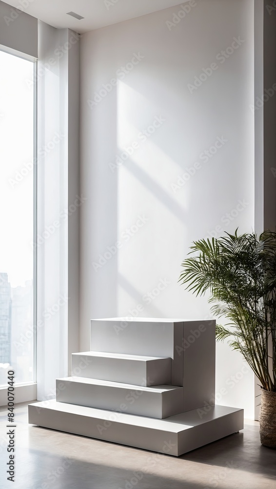An empty geometric podium for the demonstration and installation of a product, cosmetics near the window in a room with chiaroscuro on the wall, ray of light, potted plant, minimalism An empty geometric podium for the demonstration and installation of a product, cosmetics near the window in a room with chiaroscuro on the wall, ray of light, potted plant, minimalism