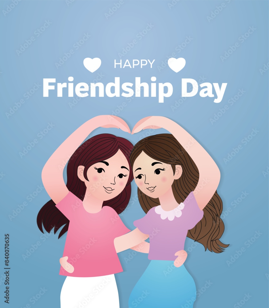 Happy Friendship Day Paper Cut Two Girls Hug Each Other and Make a Heart Shape With Two Hands Happy Friendship Day Paper Cut Two Girls Hug Each Other and Make a Heart Shape With Two Hands