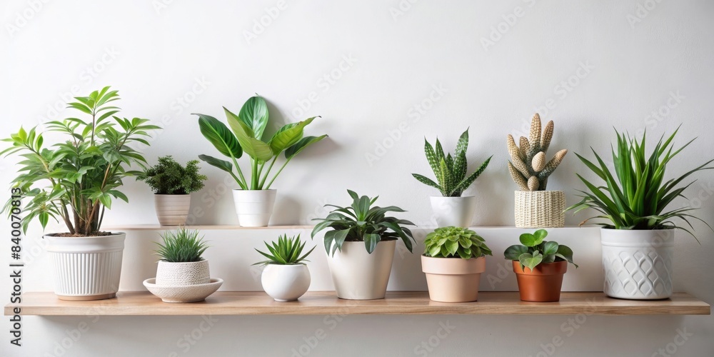 Collection of various houseplants displayed in ceramic pots on white shelf against white wall