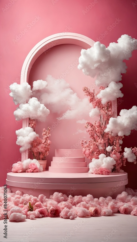 An empty podium for the demonstration and installation of a product, cosmetics with pink clouds the background of a pink wall and window With a blue sky. An empty podium for the demonstration and installation of a product, cosmetics with pink clouds the background of a pink wall and window With a blue sky.