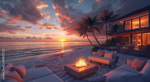 Fototapeta Naklejka Na Ścianę i Meble -  The beach front, showing modern luxury outdoor seating with a fire pit overlooking the ocean and palm trees, sand dunes, beach at sunset. Generative AI.