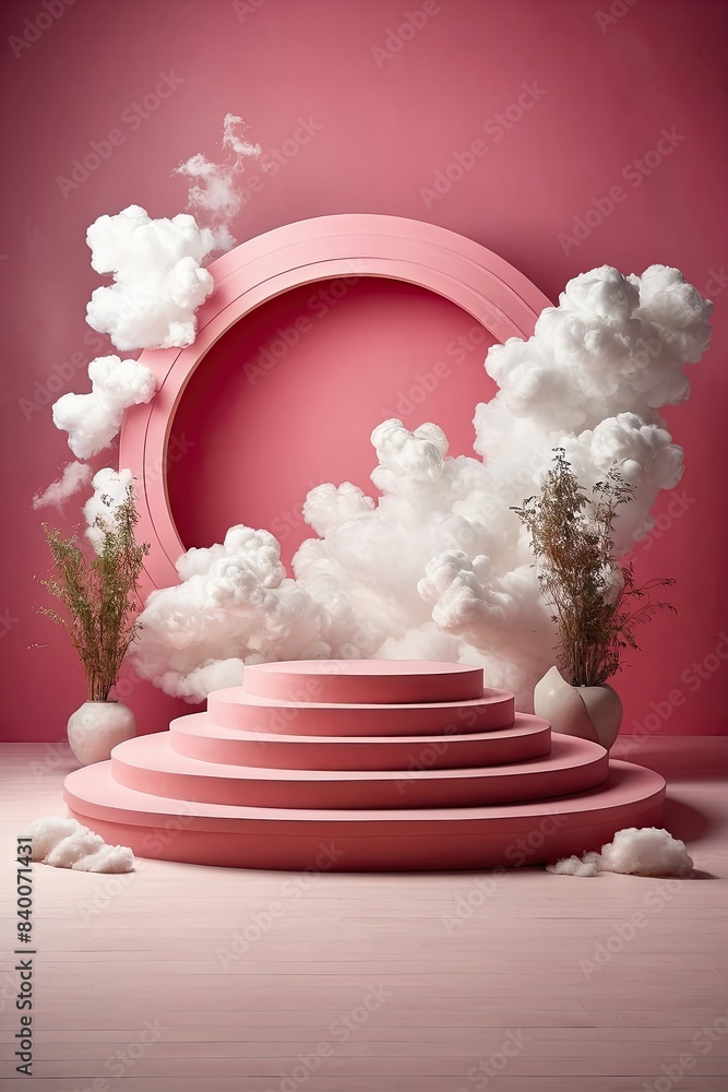 An empty podium for the demonstration and installation of a product, cosmetics with pink clouds the background of a pink wall and window With a blue sky. An empty podium for the demonstration and installation of a product, cosmetics with pink clouds the background of a pink wall and window With a blue sky.