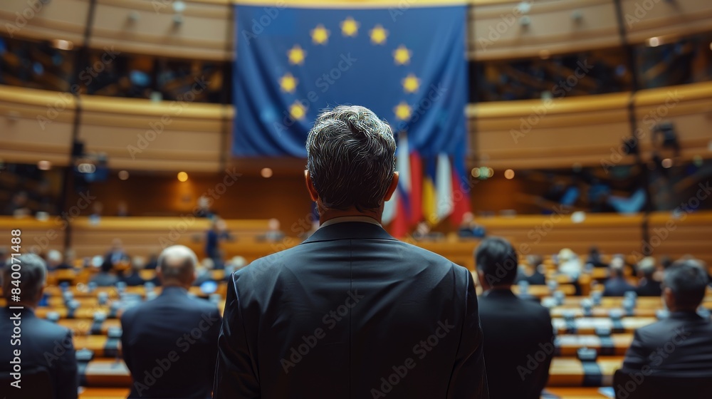 Politics concept image featuring unrecognisable politicians at EU parliament with flag of EU in the background Politics concept image featuring unrecognisable politicians at EU parliament with flag of EU in the background