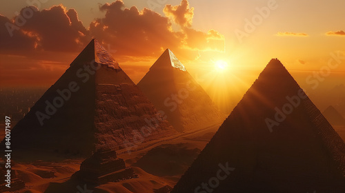 The sun is setting over the pyramids of Egypt. The sky is orange and the sun is shining brightly on the pyramids