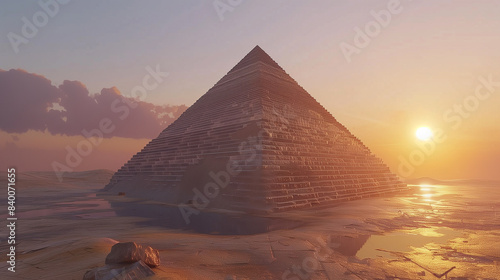 A pyramid is shown in the desert at sunset. The sun is setting behind the pyramid  casting a warm glow on the sand. Concept of awe and wonder  as the pyramid stands tall