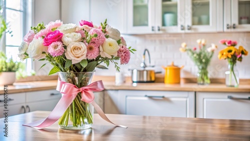 Assorted flowers in a glass vase with pink ribbon in modern kitchen setting, bouquet