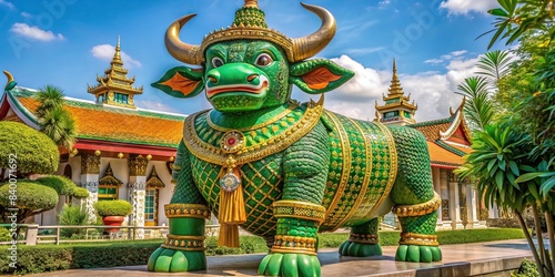 Thai yak giant statue in cute style wearing green outfit, Thai, yak, giant, statue, cute, style, green, outfit, Thailand, traditional, culture, sculpture, statue, religion, oriental © Sangpan